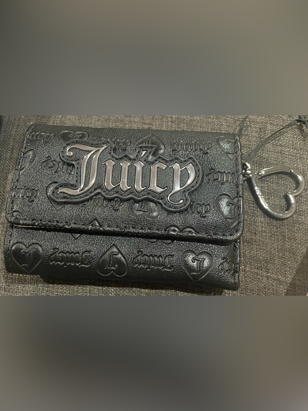 Juicy Couture Black Embossed Logo Wallet with Heart Charm. NWOT